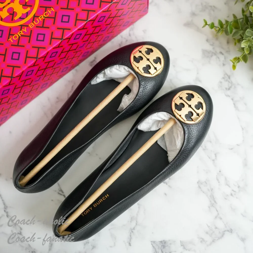 NIB Tory Burch Signature Logo Classic Chelsea Ballet Flat in Black/Gold